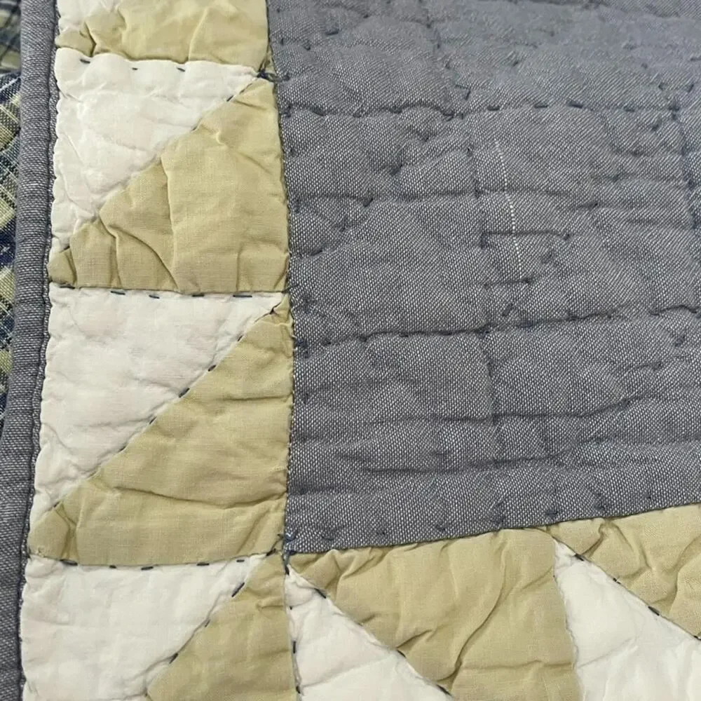 Vtg Smith & Johnson Cotton Patchwork Quilt Queen Gray Green Geometric Reversible